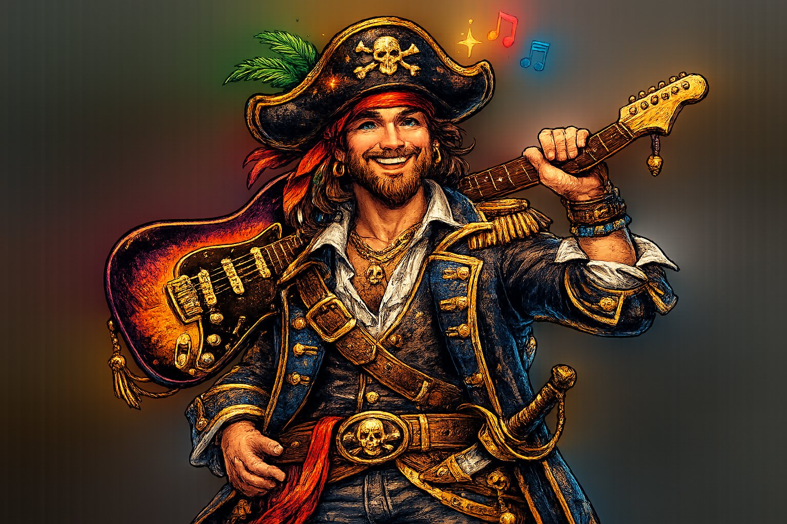 Thunder Bay Sullivan — a grinning pirate with an electric guitar slung over his shoulder